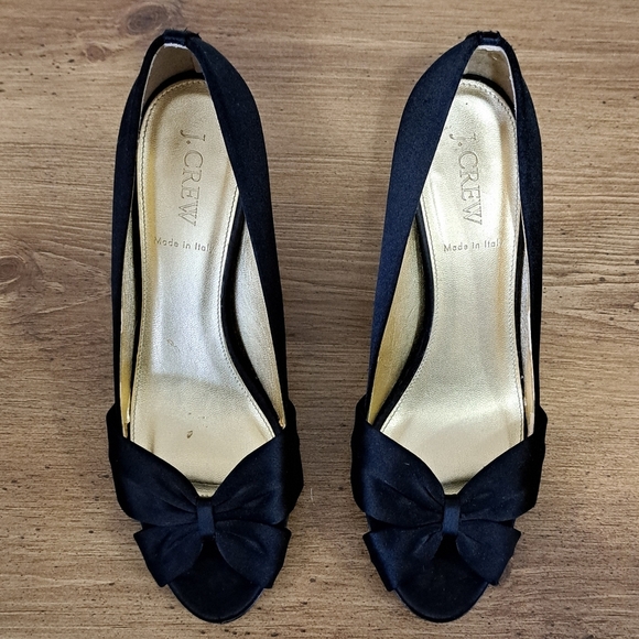 J. Crew Black Heels Women's Size 8 Fabric Upper Bow Open Toe Gold Made in Italy - Picture 8 of 16
